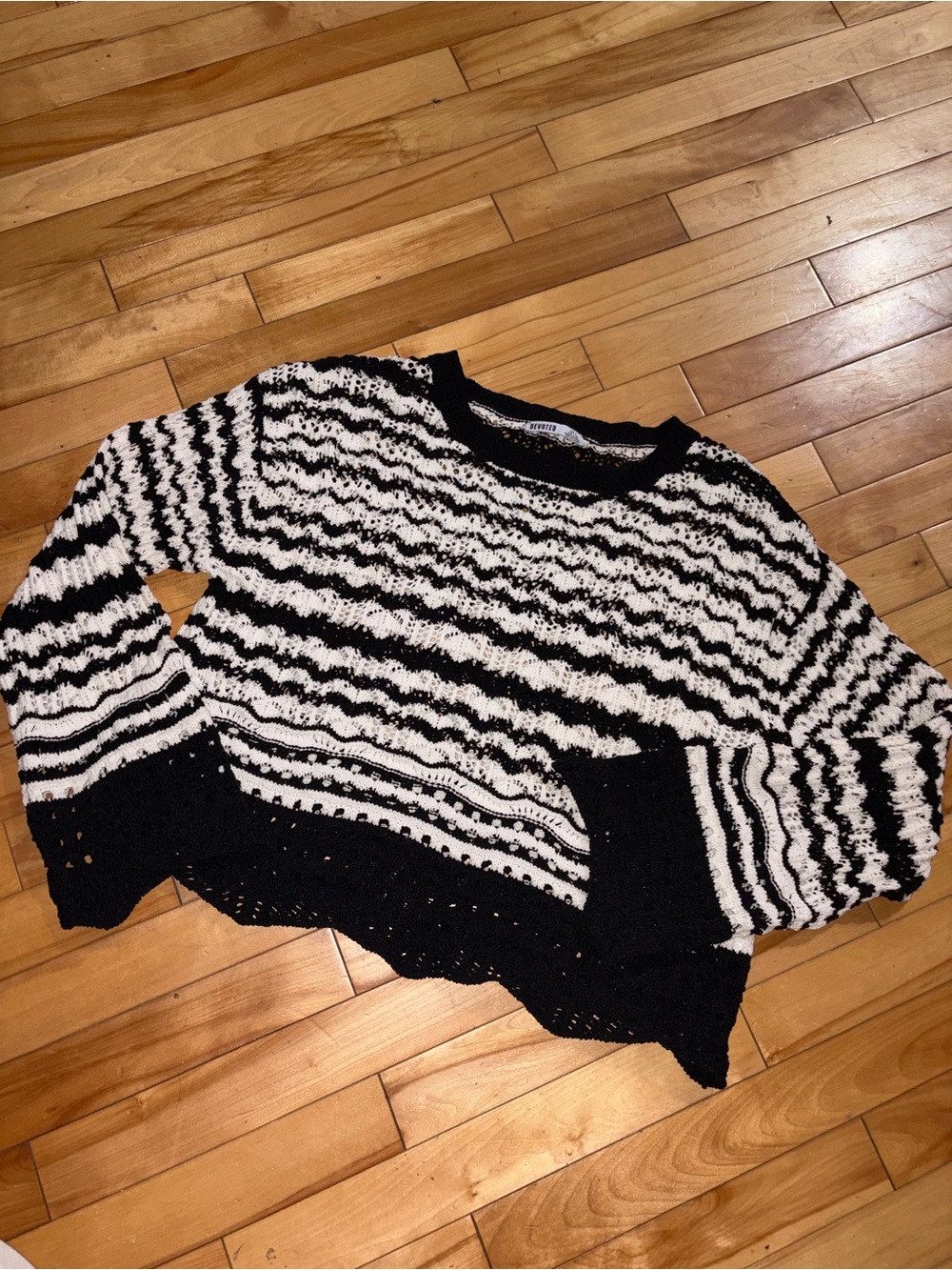 Striped Black & White Open-Knit Crewneck Sweater - Women